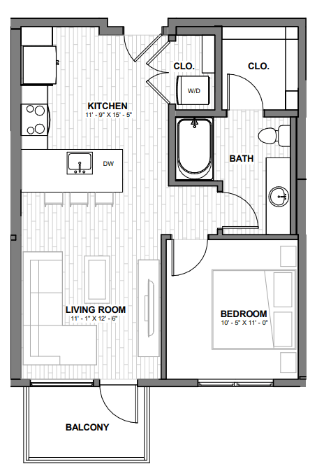 Floor plan for 1 bed, 1 bath, 581 sqft